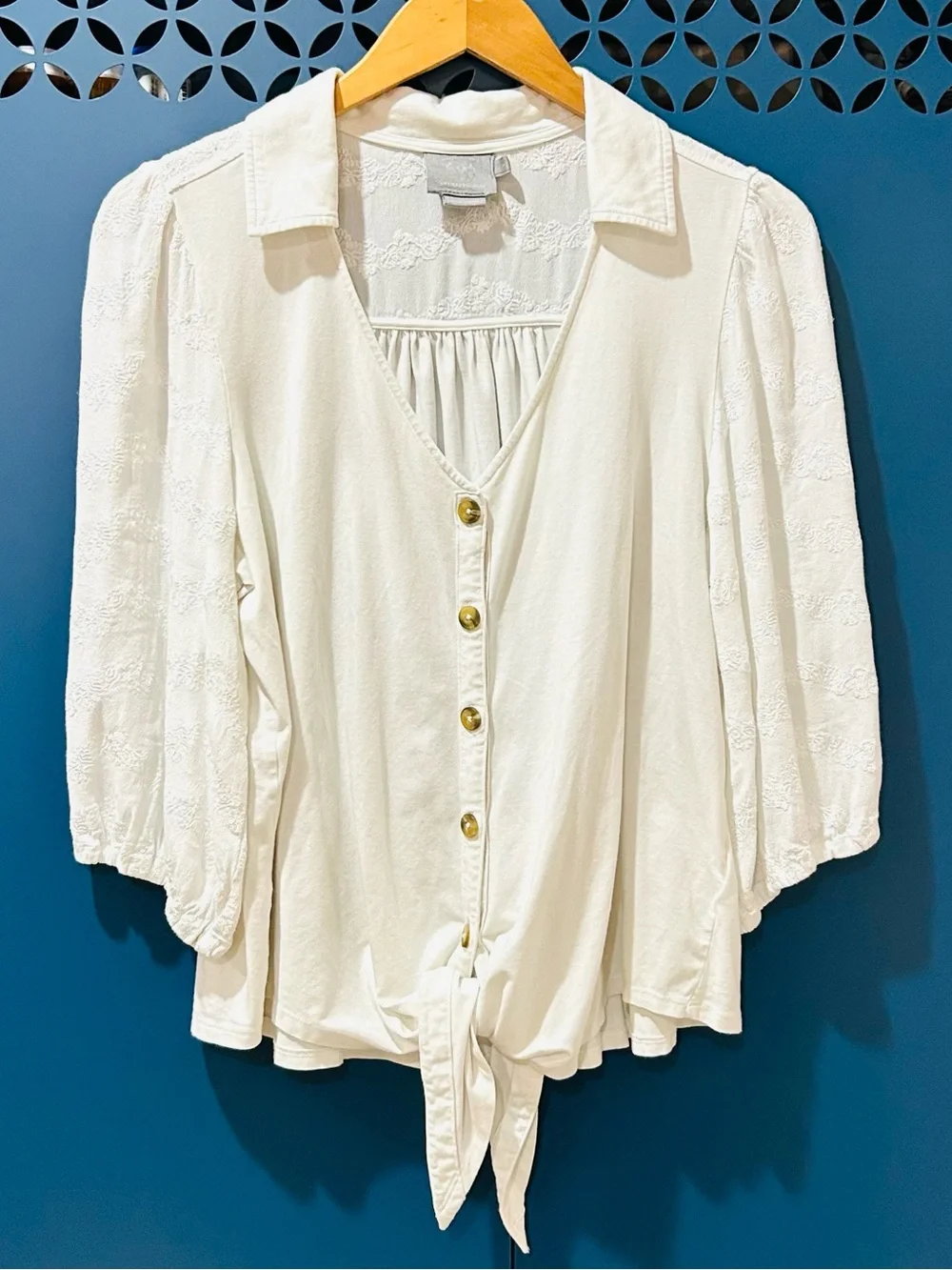 Anthropologie Vanessa Virginia Lorena White Tie-Front Boho Blouse Boho Size L